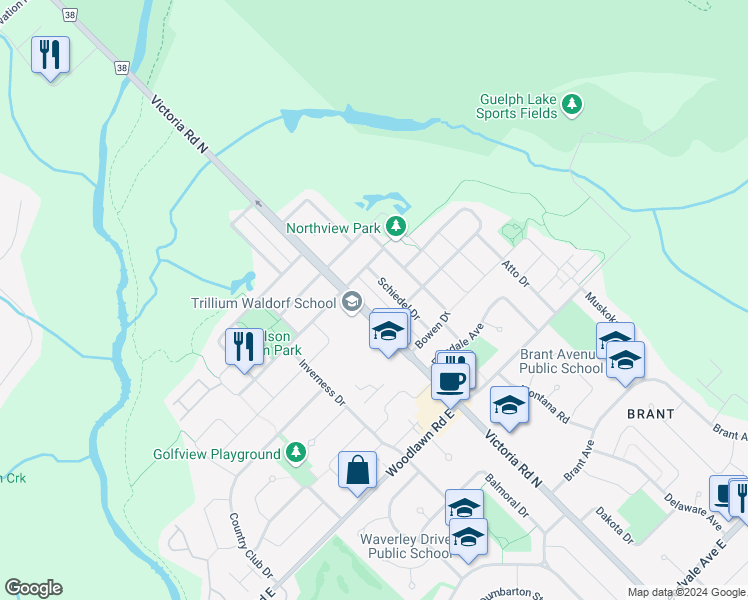 map of restaurants, bars, coffee shops, grocery stores, and more near 559 Leader Lane in Guelph