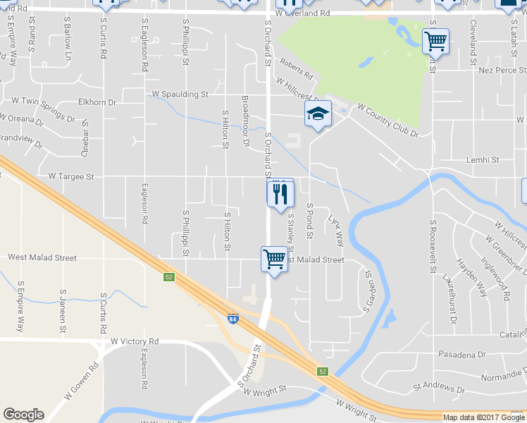 map of restaurants, bars, coffee shops, grocery stores, and more near 2399 South Orchard Street in Boise