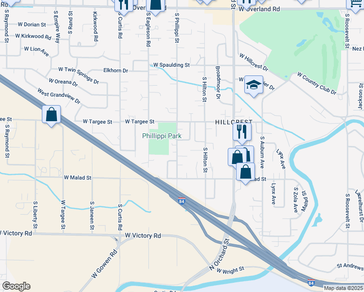 map of restaurants, bars, coffee shops, grocery stores, and more near 2316 South Phillippi Street in Boise