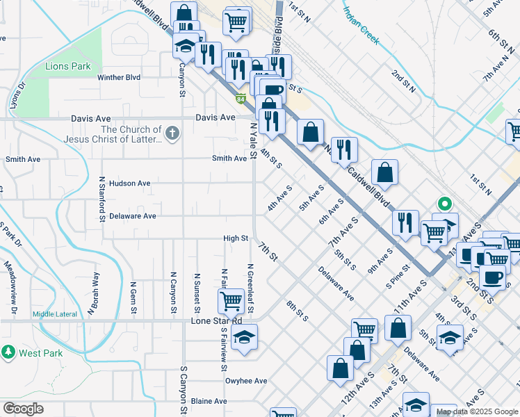 map of restaurants, bars, coffee shops, grocery stores, and more near 69 North Yale Street in Nampa