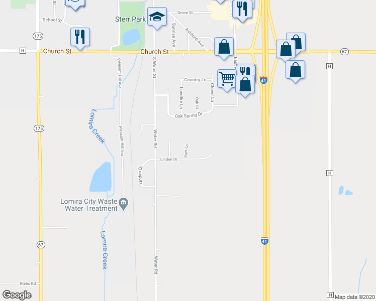 map of restaurants, bars, coffee shops, grocery stores, and more near 230 Park Lane in Lomira