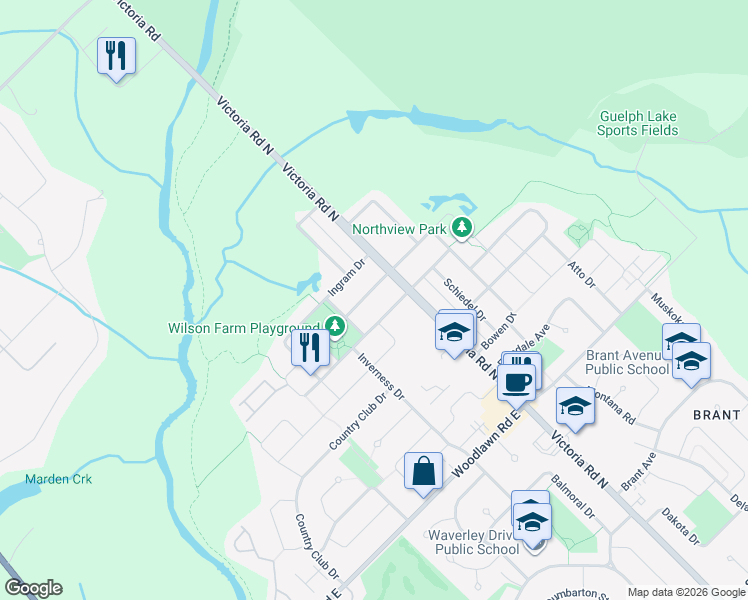 map of restaurants, bars, coffee shops, grocery stores, and more near 19 Wideman Boulevard in Guelph