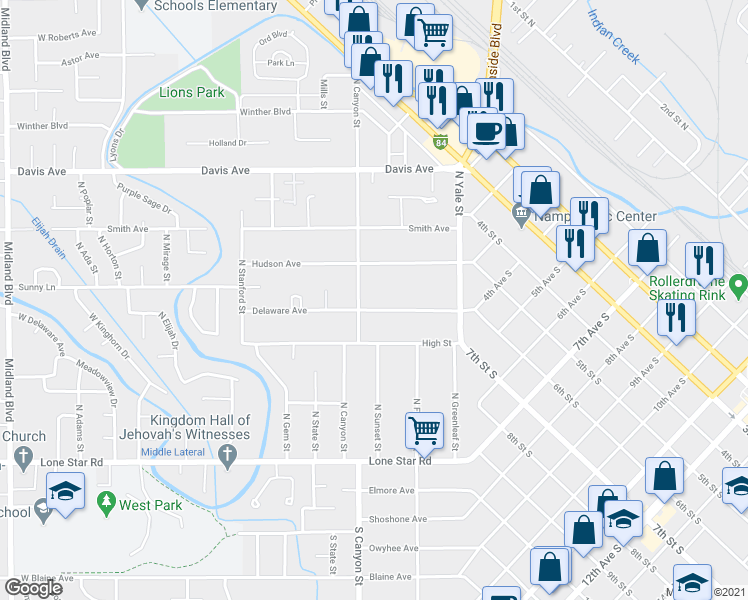 map of restaurants, bars, coffee shops, grocery stores, and more near 144 Delaware Avenue in Nampa