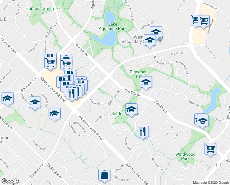 map of restaurants, bars, coffee shops, grocery stores, and more near 5555 Montevideo Road in Mississauga