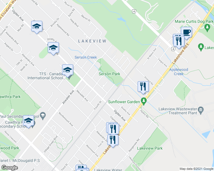 map of restaurants, bars, coffee shops, grocery stores, and more near 1078 Sawyer Avenue in Mississauga