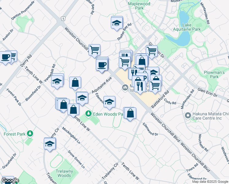 map of restaurants, bars, coffee shops, grocery stores, and more near 6677 Ganymede Road in Mississauga