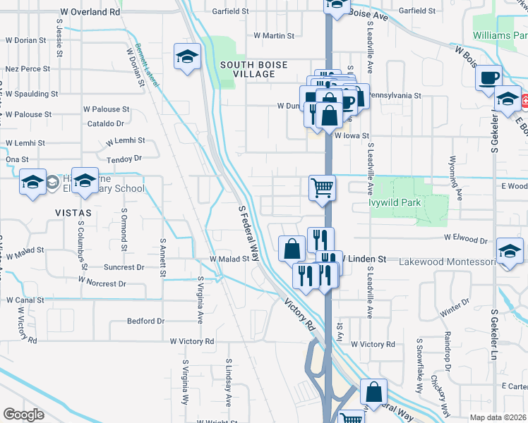 map of restaurants, bars, coffee shops, grocery stores, and more near 2416 Scarlet Street in Boise