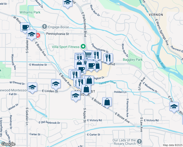 map of restaurants, bars, coffee shops, grocery stores, and more near 909 East Parkcenter Boulevard in Boise