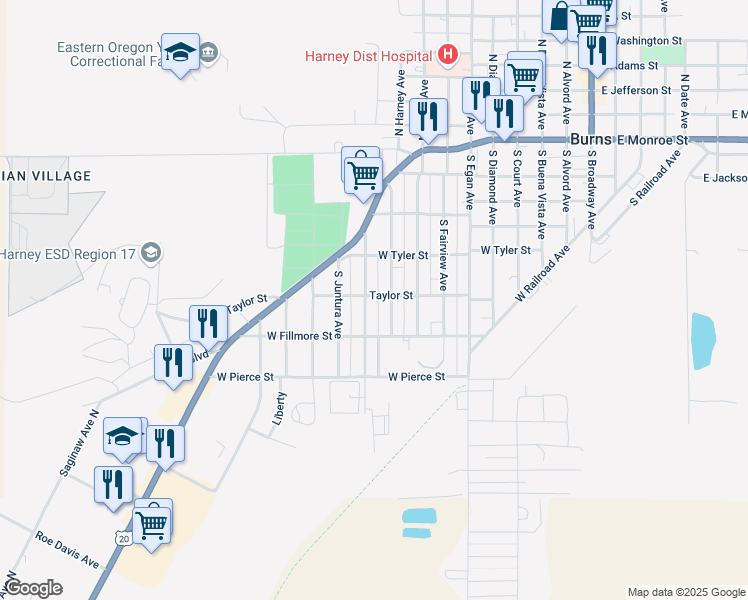 map of restaurants, bars, coffee shops, grocery stores, and more near 857 Taylor Street in Burns
