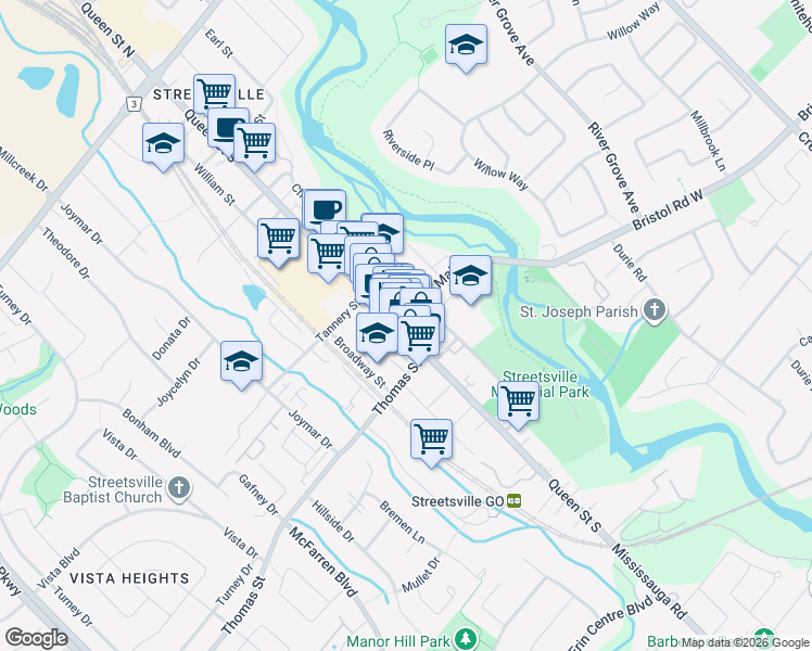 map of restaurants, bars, coffee shops, grocery stores, and more near 1 Main Street South in Brampton
