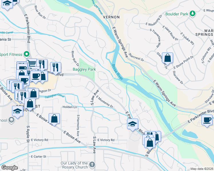map of restaurants, bars, coffee shops, grocery stores, and more near 2401 South Swallowtail Lane in Boise