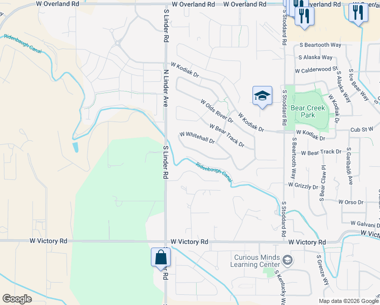 map of restaurants, bars, coffee shops, grocery stores, and more near 1447 West Whitehall Drive in Meridian