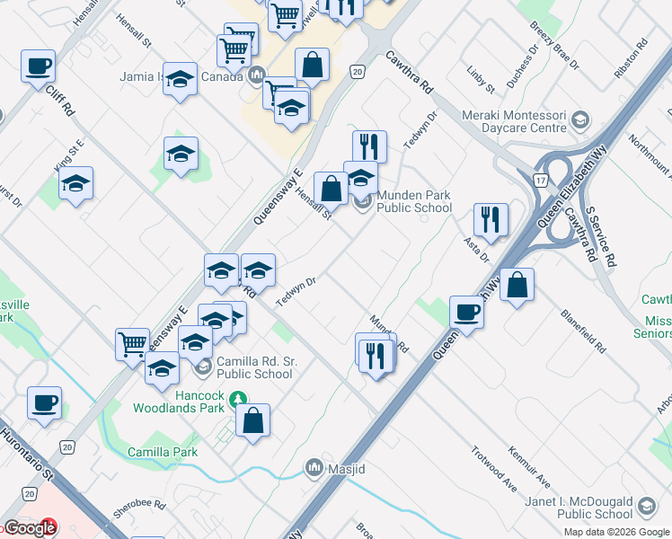 map of restaurants, bars, coffee shops, grocery stores, and more near 434 Tedwyn Drive in Mississauga