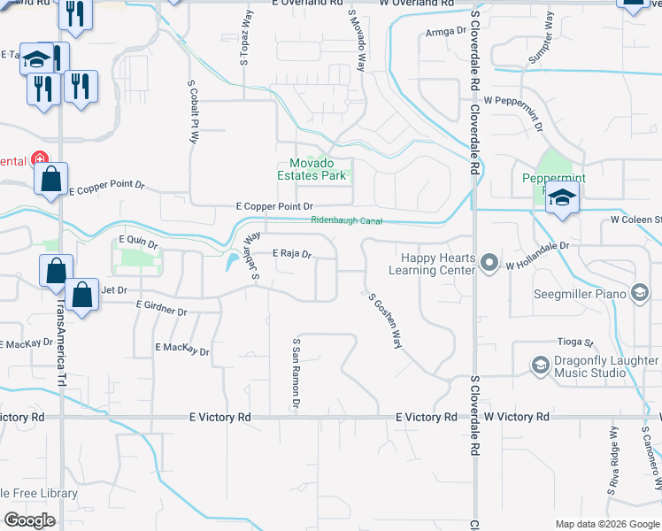 map of restaurants, bars, coffee shops, grocery stores, and more near 2611 South Tristram Way in Meridian