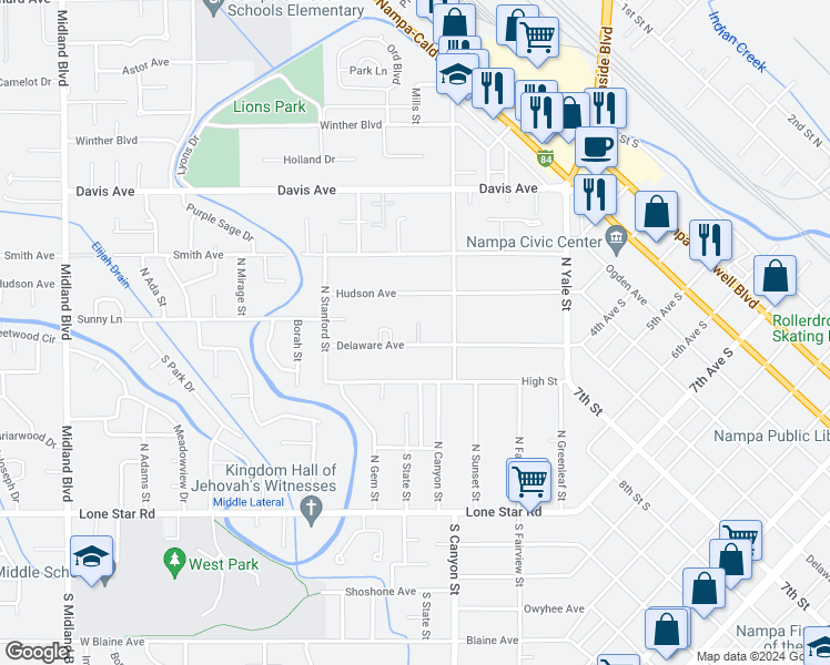 map of restaurants, bars, coffee shops, grocery stores, and more near 220 Delaware Avenue in Nampa