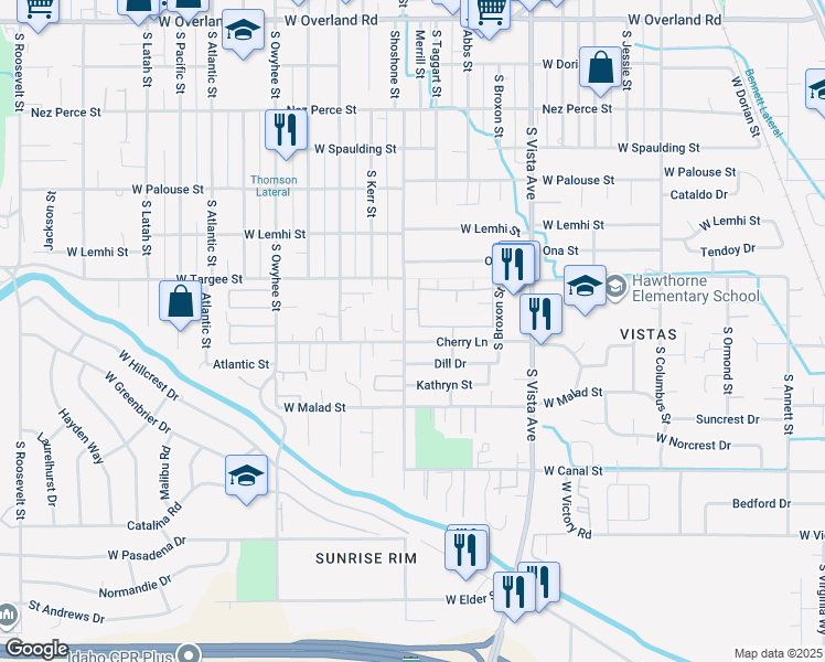 map of restaurants, bars, coffee shops, grocery stores, and more near 2376 South Shoshone Street in Boise