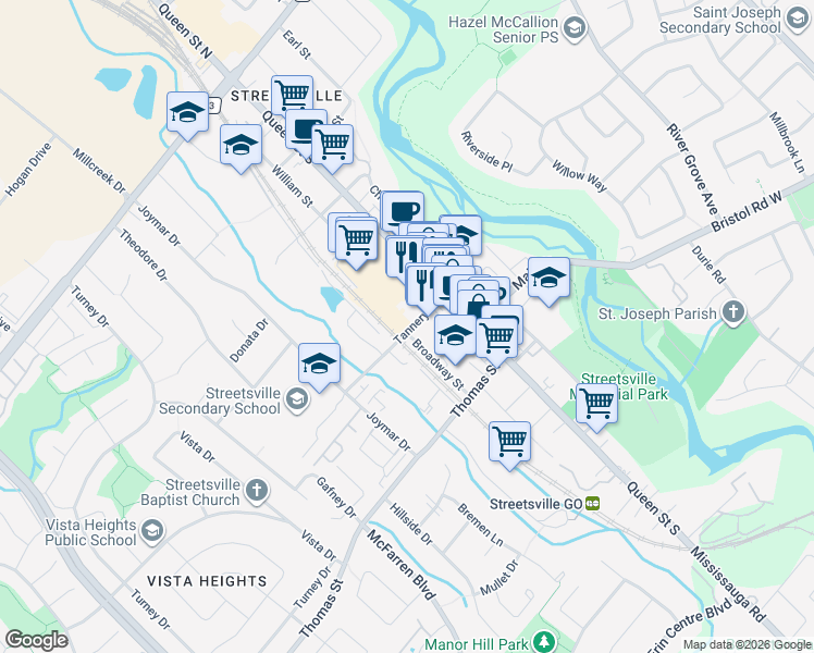 map of restaurants, bars, coffee shops, grocery stores, and more near 32 Tannery Street in Mississauga