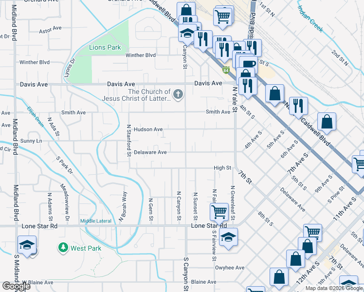 map of restaurants, bars, coffee shops, grocery stores, and more near 69 North Canyon Street in Nampa