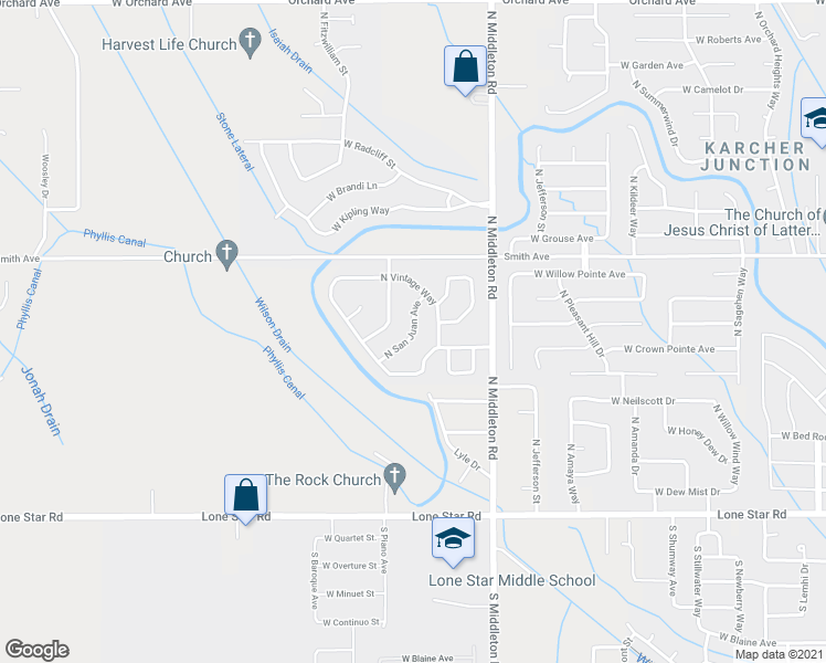 map of restaurants, bars, coffee shops, grocery stores, and more near 14364 North San Juan Avenue in Nampa
