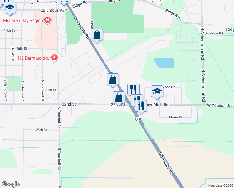 map of restaurants, bars, coffee shops, grocery stores, and more near 118 North Tuscola Road in Bay City
