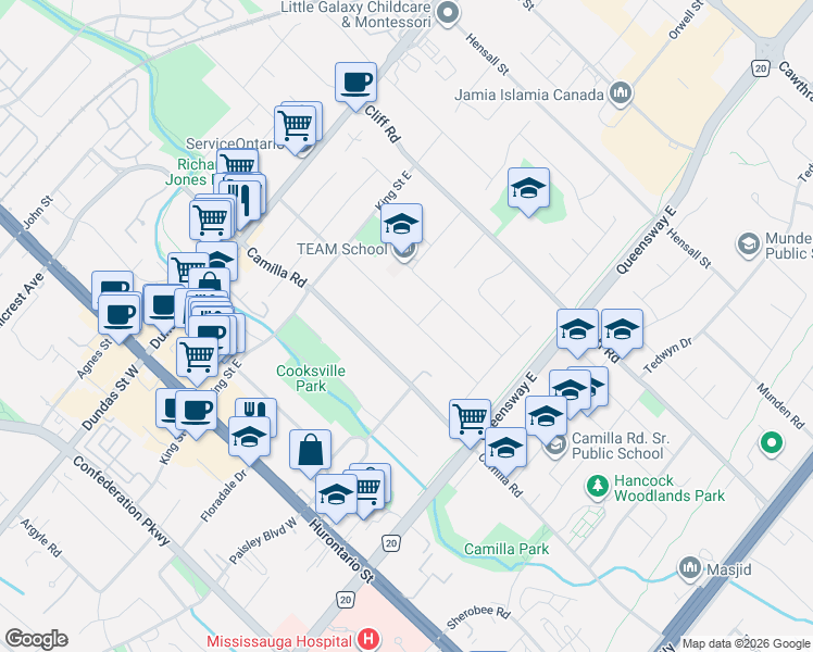 map of restaurants, bars, coffee shops, grocery stores, and more near 2420 Edenhurst Drive in Mississauga