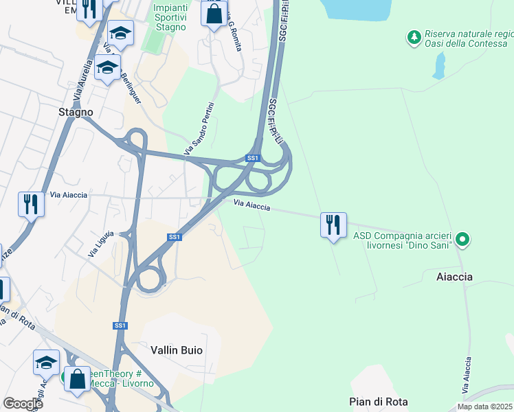 map of restaurants, bars, coffee shops, grocery stores, and more near 72 Via Aiaccia in Provincia di Livorno