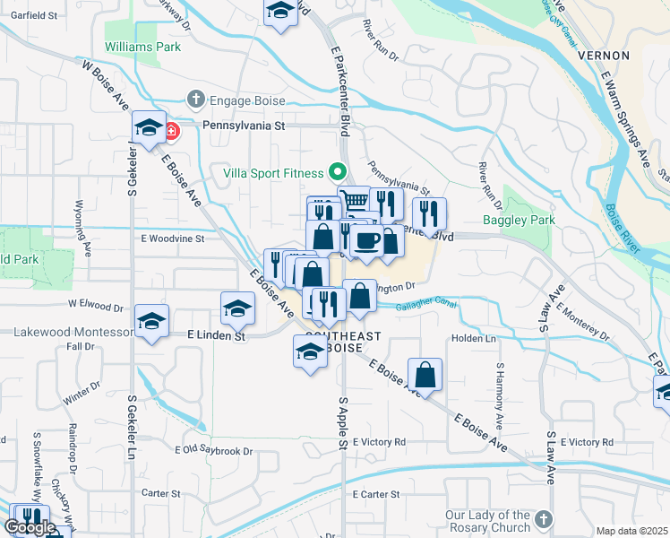 map of restaurants, bars, coffee shops, grocery stores, and more near 2423 South Apple Street in Boise