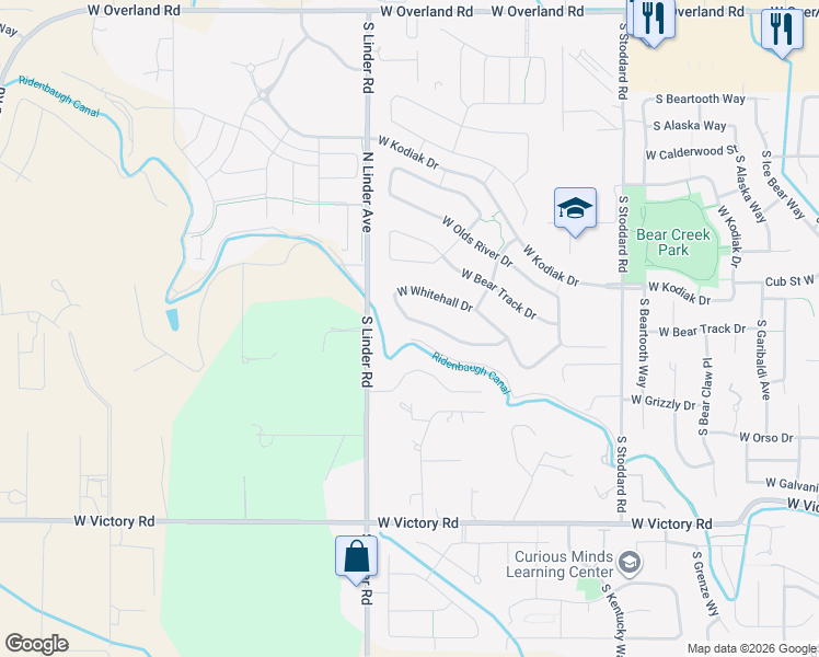 map of restaurants, bars, coffee shops, grocery stores, and more near 1447 West Whitehall Drive in Meridian