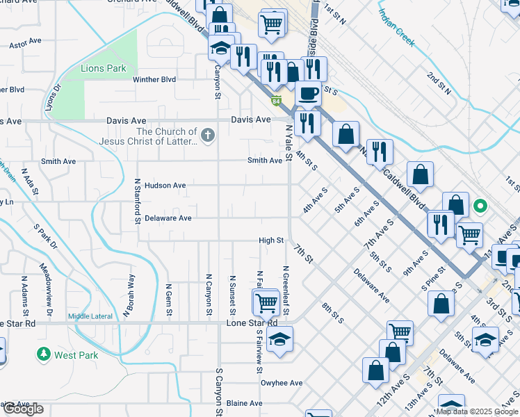 map of restaurants, bars, coffee shops, grocery stores, and more near 122 Delaware Avenue in Nampa