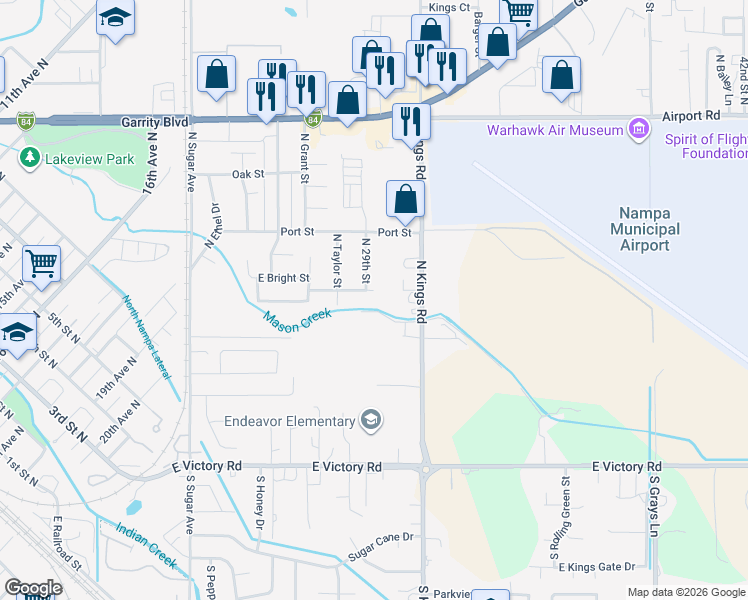 map of restaurants, bars, coffee shops, grocery stores, and more near 2909 Bright Street in Nampa