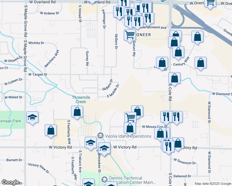map of restaurants, bars, coffee shops, grocery stores, and more near 2370 South Mobile Drive in Boise