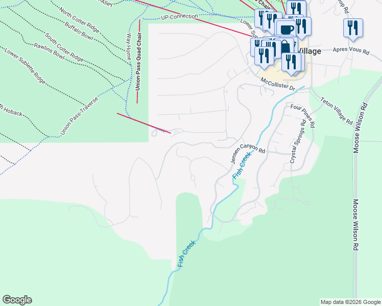 map of restaurants, bars, coffee shops, grocery stores, and more near 6844-6898 North Ellen Creek Road in Teton Village