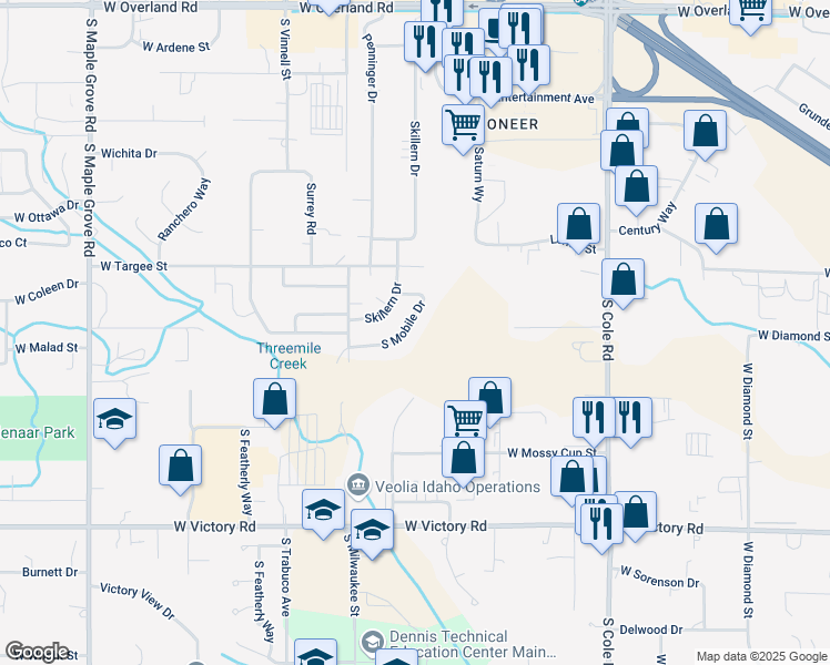 map of restaurants, bars, coffee shops, grocery stores, and more near 2370 South Mobile Drive in Boise