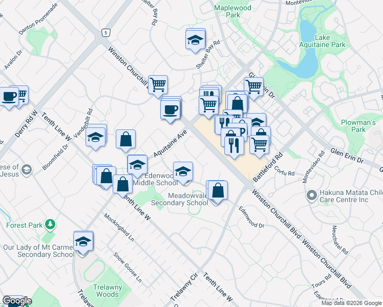 map of restaurants, bars, coffee shops, grocery stores, and more near 6677 Ganymede Road in Mississauga