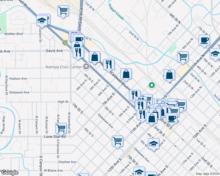 map of restaurants, bars, coffee shops, grocery stores, and more near 611 3rd Street South in Nampa