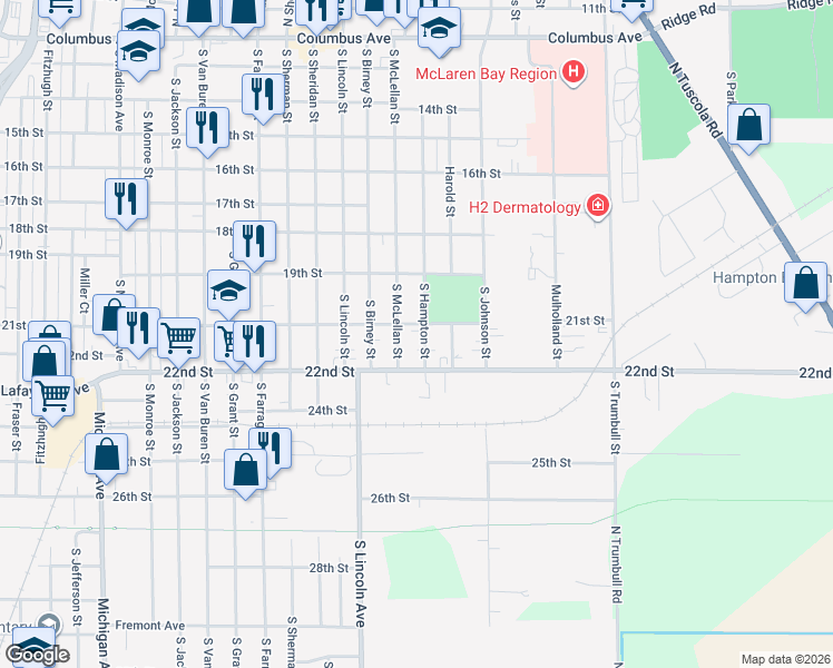 map of restaurants, bars, coffee shops, grocery stores, and more near 1002 South Hampton Street in Bay City