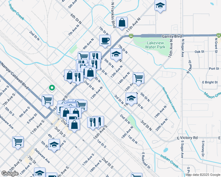 map of restaurants, bars, coffee shops, grocery stores, and more near 311 14th Avenue North in Nampa