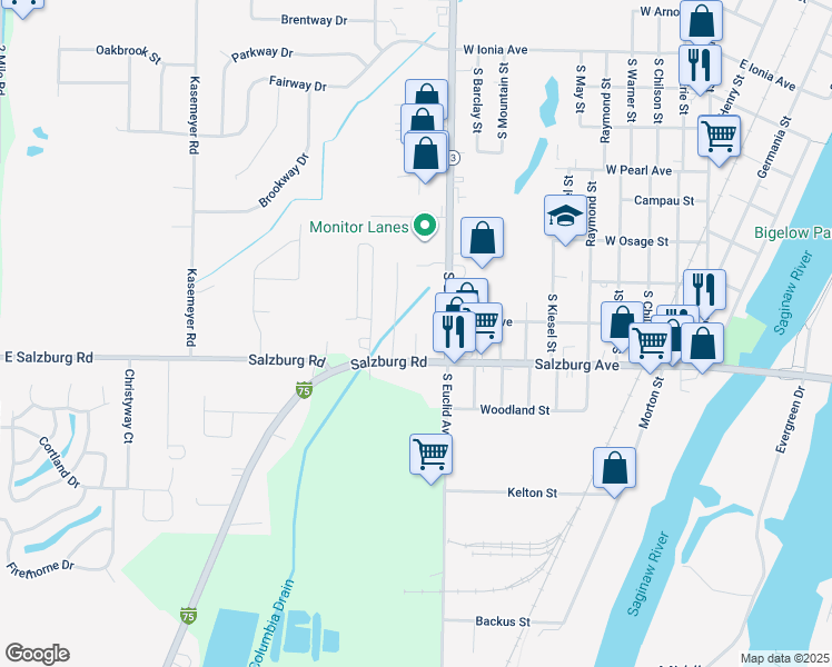 map of restaurants, bars, coffee shops, grocery stores, and more near 1900 Woodbridge Road in Bay City
