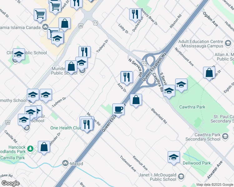map of restaurants, bars, coffee shops, grocery stores, and more near 549 North Service Road in Mississauga