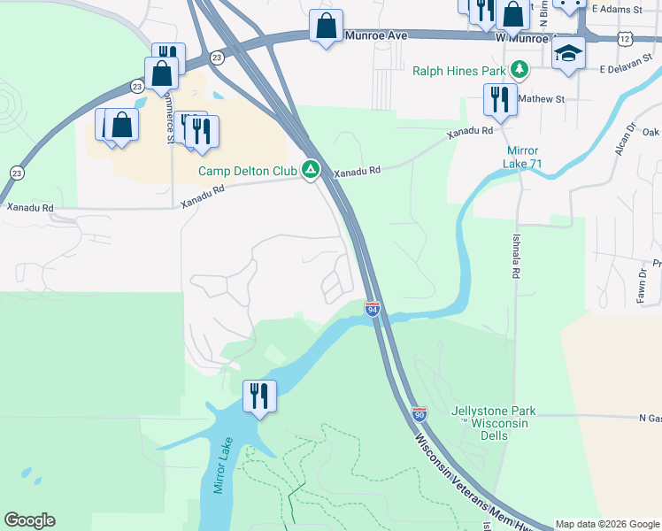map of restaurants, bars, coffee shops, grocery stores, and more near in Lake Delton