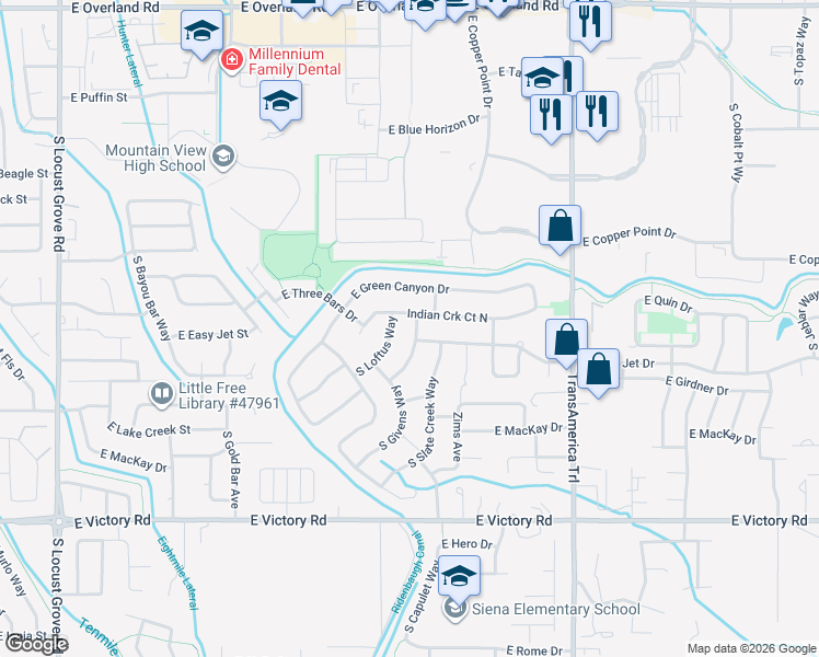 map of restaurants, bars, coffee shops, grocery stores, and more near 2603 South Burgdorf Way in Meridian