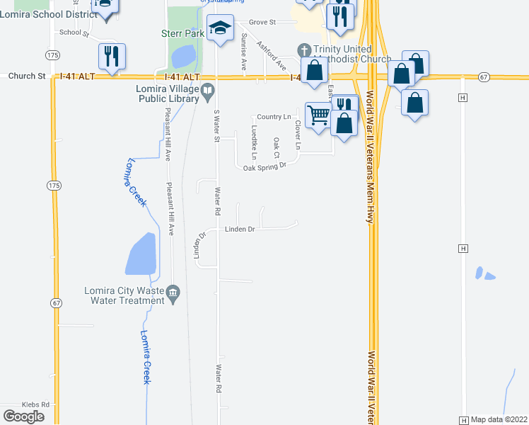 map of restaurants, bars, coffee shops, grocery stores, and more near 240 Park Lane in Lomira
