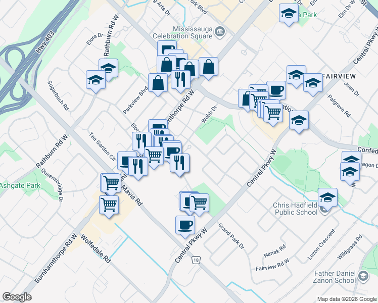 map of restaurants, bars, coffee shops, grocery stores, and more near 550 Webb Drive in Mississauga
