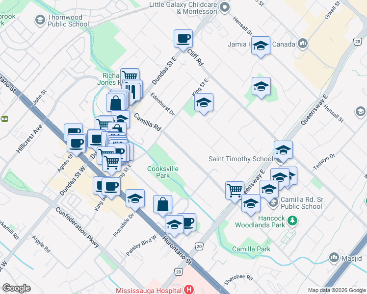 map of restaurants, bars, coffee shops, grocery stores, and more near in Mississauga