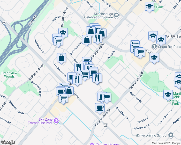 map of restaurants, bars, coffee shops, grocery stores, and more near 3975 Grand Park Drive in Mississauga