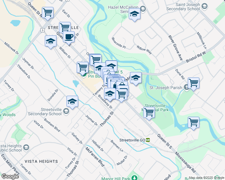 map of restaurants, bars, coffee shops, grocery stores, and more near 204 Queen Street South in Mississauga