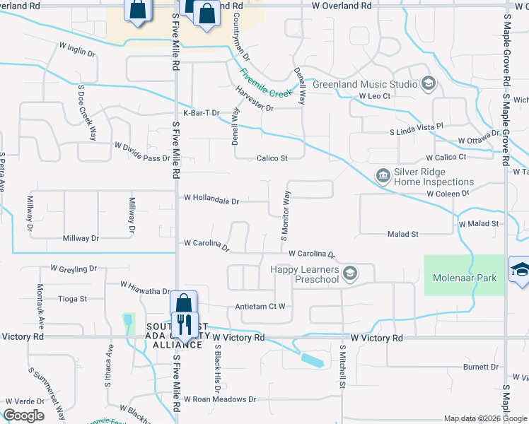 map of restaurants, bars, coffee shops, grocery stores, and more near 10149 West Raleigh Street in Boise