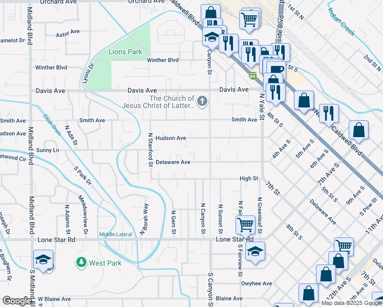 map of restaurants, bars, coffee shops, grocery stores, and more near 226 Delaware Avenue in Nampa