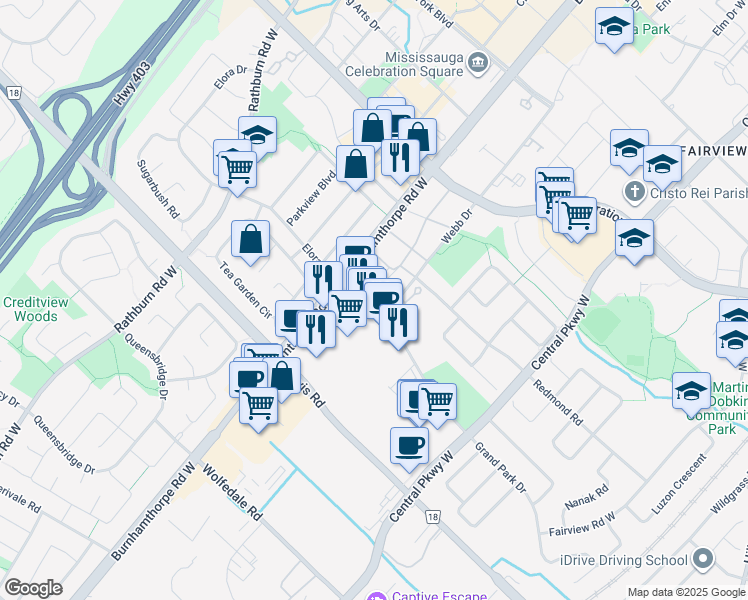map of restaurants, bars, coffee shops, grocery stores, and more near in Mississauga