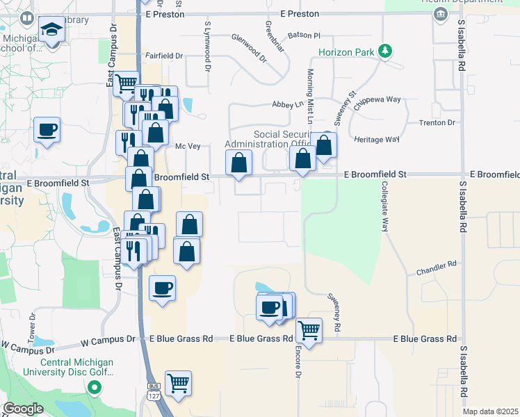 map of restaurants, bars, coffee shops, grocery stores, and more near 1240 East Broomfield Street in Mount Pleasant